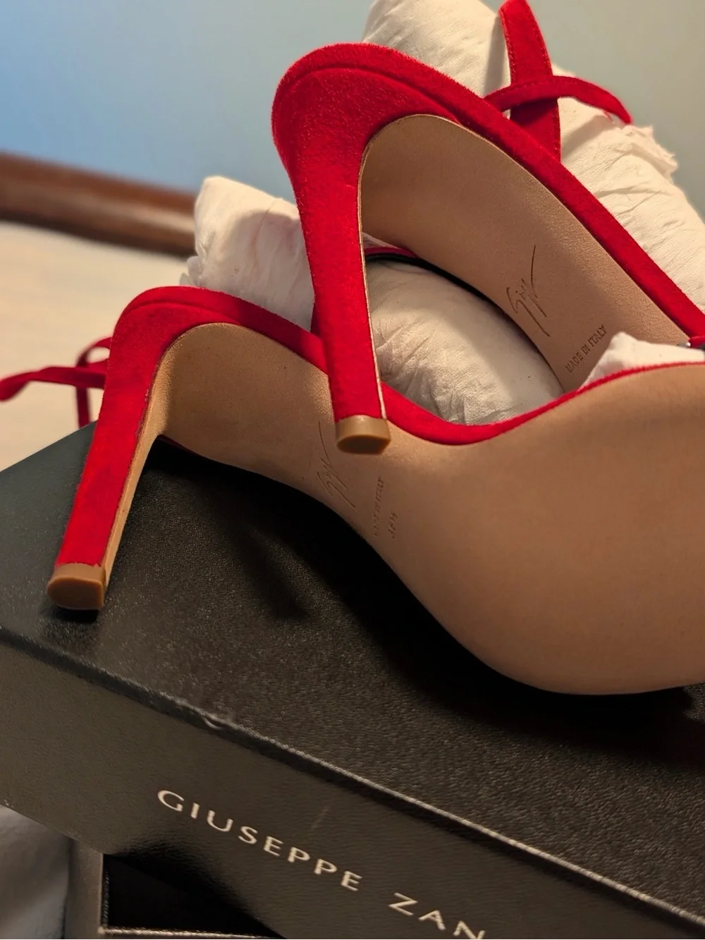 Giuseppe Zanotti Red Suede Crystal-Embellished Lace-Up Heels